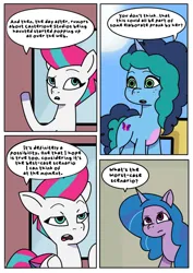 Size: 1131x1600 | Tagged: safe, artist:delilah1_riley, derpibooru import, izzy moonbow, zipp storm, pegasus, pony, unicorn, comic:pipp the poltergeist, fanfic:pipp the poltergeist, g5, my little pony: tell your tale, comic, commission, dialogue, fanfic art, female, horn, image, implied pipp petals, indoors, jpeg, mare, maretime bay, misty brightdawn, outdoors, trio, trio female