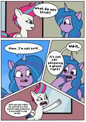 Size: 1131x1600 | Tagged: safe, artist:delilah1_riley, derpibooru import, izzy moonbow, zipp storm, pegasus, pony, unicorn, comic:pipp the poltergeist, fanfic:pipp the poltergeist, g5, my little pony: tell your tale, comic, commission, dialogue, duo, duo female, fanfic art, female, horn, image, implied death, indoors, jpeg, mare, outdoors