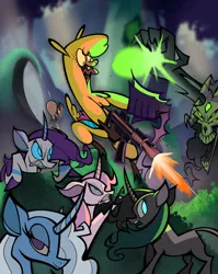 Size: 3980x5000 | Tagged: safe, artist:cryena/bowacunga, derpibooru import, fhtng th§ ¿nsp§kbl, oleander (tfh), alpaca, sheep, unicorn, them's fightin' herds, alternate color palette, community related, doom, doom guy, gun, horn, image, paprika (tfh), png, pom (tfh), weapon