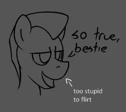 Size: 670x598 | Tagged: safe, artist:unitxxvii, derpibooru import, oc, unofficial characters only, earth pony, pony, bust, dialogue, gray background, grayscale, image, lidded eyes, male, monochrome, png, simple background, solo, stallion, text