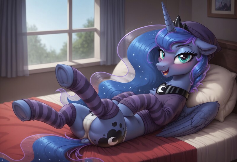 Size: 3648x2496 | Tagged: questionable, ai content, derpibooru import, machine learning generated, prompter:inumbralunaest, princess luna, alicorn, pony, g4, ai errors, beanie, beanie hat, bed, bedroom eyes, bedsheets, butt, cameltoe, chest fluff, clothes, curtains, daytime, dock, ethereal mane, eyeshadow, female, frog (hoof), hat, human vagina on pony, human vulva, image, indoors, jpeg, laying on wings, leg warmers, legs in air, luna's collar, luna's crown, lying down, makeup, moonbutt, nudity, on back, open smile, panties, partially open wings, pillow, plot, presenting, presenting pussy, sexy, shirt, solo, solo female, spread legs, spreading, starry mane, starry tail, stupid sexy princess luna, sultry pose, sweater, tail, underhoof, underwear, vulva, window, wings