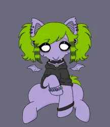 Size: 2000x2300 | Tagged: safe, artist:sillybugdrawz, derpibooru import, oc, oc:bug brainz, unofficial characters only, bat pony, bat pony oc, bat wings, bracelet, clothes, collar, ear piercing, emo, fangs, gauges, hoodie, image, jewelry, looking at you, nonbinary, piercing, png, ponysona, raised hoof, scemo, scene, sitting, tongue out, wings