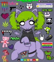 Size: 2000x2300 | Tagged: safe, alternate version, artist:sillybugdrawz, derpibooru import, edit, oc, oc:bug brainz, unofficial characters only, bat pony, bracelet, clothes, collar, ear piercing, emo, fangs, gauges, gay pride flag, hoodie, image, jewelry, jpeg, looking at you, nonbinary, piercing, ponysona, pride, pride flag, raised hoof, scemo, scene, sitting, sticker, tongue out