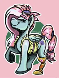 Size: 1080x1440 | Tagged: safe, artist:crandyart, derpibooru import, kerfuffle, pegasus, pony, g4, amputee, disability pride, eyes closed, female, folded wings, image, jpeg, mare, prosthetic leg, prosthetic limb, prosthetics, raised hoof, signature, smiling, solo, tail, underhoof, wings