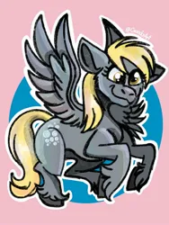 Size: 1080x1440 | Tagged: safe, artist:crandyart, derpibooru import, derpy hooves, pegasus, pony, g4, disability pride, female, flying, image, jpeg, mare, signature, smiling, solo, spread wings, tail, unshorn fetlocks, wings