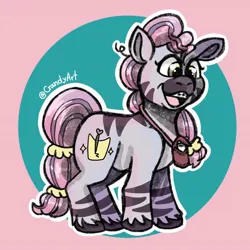 Size: 1080x1080 | Tagged: safe, artist:crandyart, derpibooru import, pony, zebra, g5, bag, braces, disability pride, female, filly, foal, image, jpeg, open mouth, open smile, signature, skye, smiling, solo, tail, unshorn fetlocks