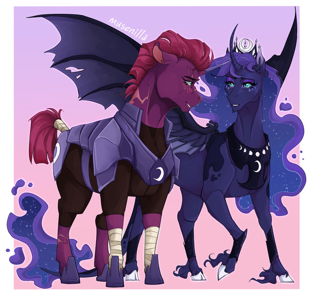 Size: 2048x1924 | Tagged: safe, artist:musenilla, derpibooru import, princess luna, tempest shadow, alicorn, pony, unicorn, g4, armor, chin fluff, colored hooves, colored pinnae, cuffs (clothes), curved horn, duo, duo female, ear fluff, ethereal mane, ethereal tail, eyeshadow, female, fetlock tuft, floppy ears, grin, hoers, hoof shoes, hooves, horn, hybrid wings, image, jewelry, jpeg, leg wraps, leonine tail, lesbian, looking at each other, looking at someone, makeup, mare, neck scar, nervous, nervous grin, peytral, raised hoof, realistic horse legs, scar, ship:tempestluna, shipping, smiling, spread wings, tail, tiara, wings