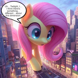 Size: 1024x1024 | Tagged: safe, ai content, derpibooru import, editor:giantpony, machine learning assisted, machine learning generated, prompter:giantpony, fluttershy, pegasus, pony, g4, city, cute, female, generator:bing image creator, generator:dall-e 3, gentle giant, giant pony, giantess, giantshy, huge pony, image, implied dimensional travel, implied twilight sparkle, jpeg, larger female, macro, macro/micro, phraseit, shyabetes, size difference, small city, story included, tiny humans, wide eyes