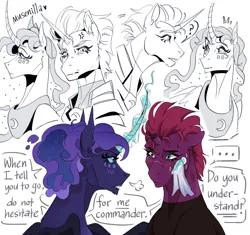 Size: 2048x1924 | Tagged: safe, artist:musenilla, derpibooru import, princess luna, tempest shadow, alicorn, pony, unicorn, g4, armor, blush lines, blushing, chin fluff, cross-popping veins, curved horn, dialogue, duo, duo female, emanata, ethereal mane, female, floppy ears, handkerchief, hoers, horn, image, jewelry, jpeg, lesbian, looking at each other, looking at someone, looking at you, magic, magic aura, mare, nose scar, peytral, question mark, scar, ship:tempestluna, shipping, simple background, speech bubble, talking, text, tiara, white background