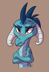 Size: 1026x1504 | Tagged: safe, artist:whitediamonds, derpibooru import, princess ember, dragon, g4, blushing, cute, half body, image, jpeg, looking at you, simple background, solo, tsundere