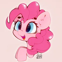 Size: 3000x3000 | Tagged: safe, artist:zokkili, derpibooru import, pinkie pie, earth pony, pony, g4, beanbrows, ear fluff, eyebrows, eyebrows visible through hair, female, high res, image, jpeg, mare, open mouth, open smile, signature, smiling, solo