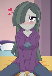 Size: 832x1216 | Tagged: safe, ai content, derpibooru import, machine learning generated, prompter:nwth, marble pie, human, equestria girls, g4, bed, bedroom, blushing, clothes, denim, heart, hoodie, image, indoors, jeans, jpeg, looking at you, pants, shy, solo