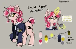 Size: 2050x1327 | Tagged: safe, artist:reddthebat, derpibooru import, oc, oc:agent valentine, unofficial characters only, pony, unicorn, clothes, coat markings, facial markings, female, flask, glasses, glow, glowing horn, gray background, horn, image, jpeg, levitation, lidded eyes, magic, mare, necktie, reference sheet, signature, simple background, snip (coat marking), solo, telekinesis