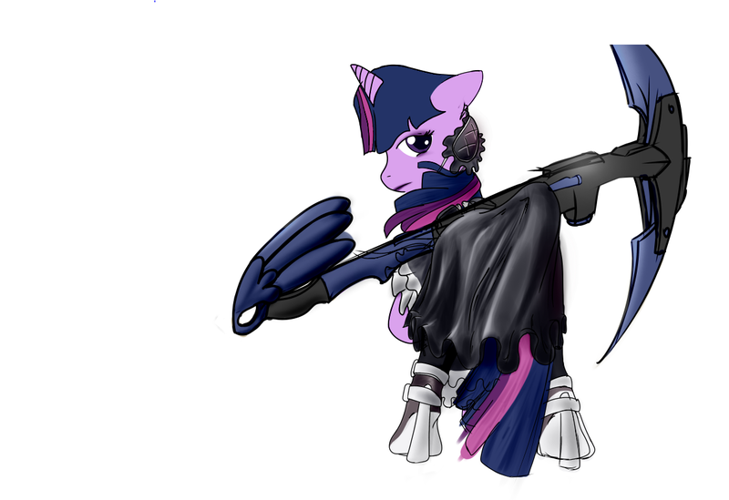 Size: 1193x819 | Tagged: safe, artist:firgof, derpibooru import, twilight sparkle, pony, unicorn, g4, assassin, clothes, colored, crossover, drawthread, female, horn, image, looking at you, looking back, looking back at you, mare, margaret moonlight, png, requested art, shading, simple background, sketch, solo, voice actor joke, weapon, white background