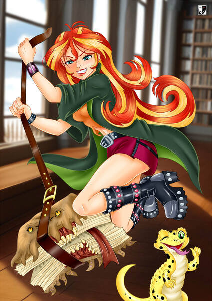 Size: 1000x1414 | Tagged: safe, artist:lord--opal, derpibooru import, ray, sunset shimmer, gecko, human, leopard gecko, equestria girls, g4, ;p, belt, book, bookshelf, boots, cloak, clothes, crossover, grin, harry potter (series), harry potter and the prisoner of azkaban, human coloration, image, indoors, jpeg, looking at you, looking down, monster book of monsters, one eye closed, open mouth, open smile, shirt, shoes, skirt, smiling, thumbs up, tongue out, tying, wink, winking at you, wristband