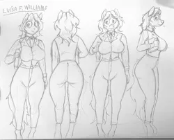 Size: 2191x1772 | Tagged: safe, artist:juninhooficial, derpibooru import, oc, anthro, earth pony, big breasts, breasts, character design, clothes, image, jpeg, luísa f williams (juninho and paulinho), reference sheet, socks, the ass was fat, thigh highs, traditional art, trans female, transgender, waitress