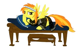 Size: 1000x645 | Tagged: safe, artist:anonymous, derpibooru import, spitfire, pegasus, pony, g4, bedroom eyes, black dress, clothes, drawthread, dress, female, girly, headband, image, looking at you, lying down, mare, on couch, pillow, png, requested art, simple background, solo, spread wings, white background, wingboner, wings