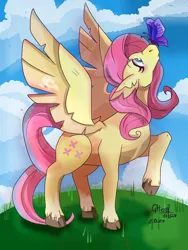 Size: 2400x3200 | Tagged: safe, artist:ghostar656, derpibooru import, fluttershy, butterfly, insect, pegasus, pony, butterfly on nose, female, high res, image, insect on nose, looking up, mare, png, raised hoof, solo, spread wings, unshorn fetlocks, wings