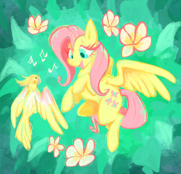 Size: 927x893 | Tagged: safe, artist:funkys0da, derpibooru import, fluttershy, bird, cockatiel, pegasus, pony, female, flower, flying, image, looking at each other, looking at someone, mare, music notes, open mouth, png, smiling, solo