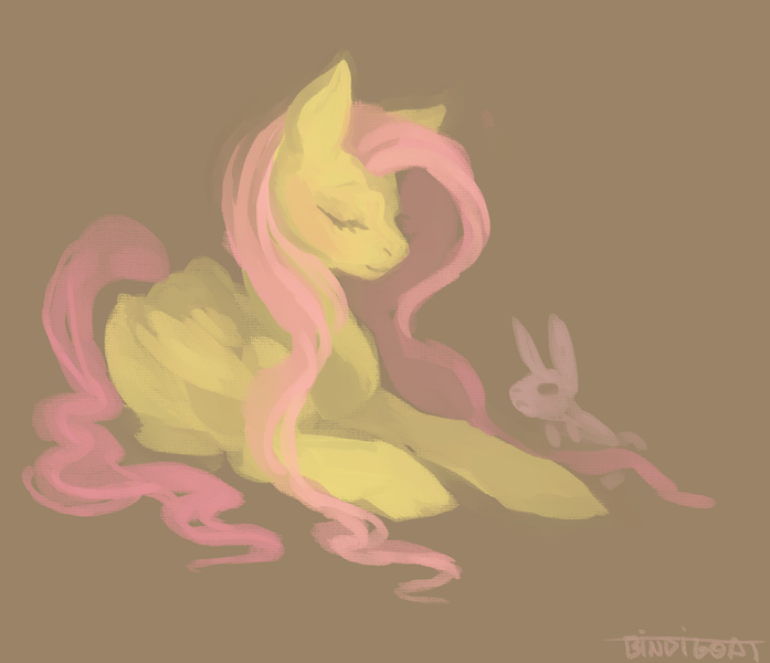 Size: 1394x1200 | Tagged: safe, artist:bindigoat, derpibooru import, angel bunny, fluttershy, pegasus, pony, rabbit, g4, animal, eyes closed, female, image, lineless, lying down, mare, png, prone, simple background