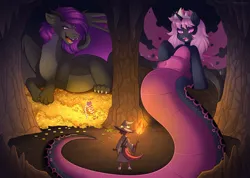 Size: 2800x1993 | Tagged: safe, artist:madelinne, derpibooru import, oc, oc:fritzy, unofficial characters only, dragon, kobold, lamia, original species, cave, gold, horn, image, png, treasure, wings