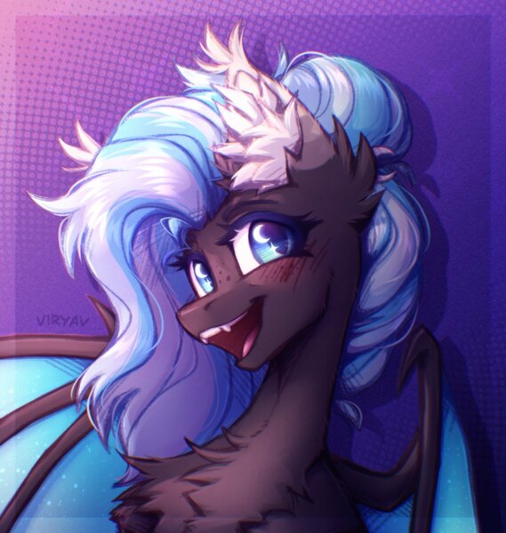 Size: 1304x1374 | Tagged: safe, artist:viryav, derpibooru import, oc, unofficial characters only, bat pony, pony, accessory, black body, blue eyes, blue hair, blushing, cheerful, chest fluff, colored pupils, ear fluff, eyebrows, fangs, female, freckles, gradient background, happy, image, jpeg, mare, mare oc, partially open wings, purple background, shiny mane, signature, simple background, sketch, smiling, solo, tassels, teeth, wings