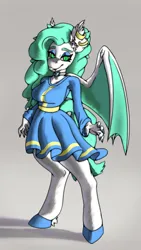 Size: 1948x3464 | Tagged: safe, artist:soundwavedragon, derpibooru import, oc, oc:nightwish, unofficial characters only, anthro, bat pony, digitigrade anthro, bat pony oc, bat wings, bedroom eyes, breasts, choker, clothes, curly hair, curly mane, dress, ear fluff, ear piercing, earring, eyebrows, eyelashes, eyeshadow, female, heart choker, hoof fluff, hoof polish, image, jewelry, lidded eyes, long hair, long mane, long sleeves, makeup, nail polish, nails, partially open wings, piercing, png, slit pupils, solo, spread fingers, wide hips, wings