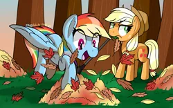 Size: 2400x1500 | Tagged: safe, artist:notadeliciouspotato, derpibooru import, applejack, rainbow dash, earth pony, pegasus, pony, applejack is not amused, applejack's hat, autumn, cowboy hat, duo, duo female, eyeroll, female, grass, hat, image, jumping, leaf, leaf pile, mare, mouth hold, open mouth, open smile, png, rake, signature, smiling, spread wings, tree, unamused, wings