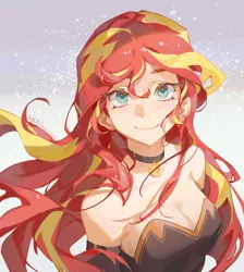 Size: 1488x1659 | Tagged: safe, artist:animesoul, derpibooru import, sunset shimmer, human, g4, bare shoulders, breasts, busty sunset shimmer, choker, cleavage, cute, female, humanized, image, jpeg, looking at you, shimmerbetes, simple background, sleeveless, smiling, smiling at you, solo, strapless