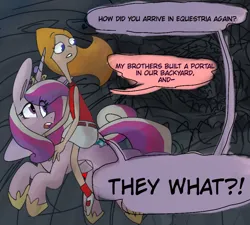 Size: 960x865 | Tagged: safe, artist:anonymous, derpibooru import, princess cadance, alicorn, human, pony, g4, candace flynn, crossover, drawthread, duo, eyebrows, eyebrows visible through hair, female, humans riding ponies, image, implied portal, mare, one-panel comic, phineas and ferb, png, requested art, riding, riding a pony, shocked, talking to each other