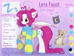 Size: 2048x1555 | Tagged: safe, artist:lerk, derpibooru import, oc, oc:lerk, bat pony, pony, clothes, ear piercing, image, jpeg, mug, piercing, plushie, reference sheet, sweater, teddy bear