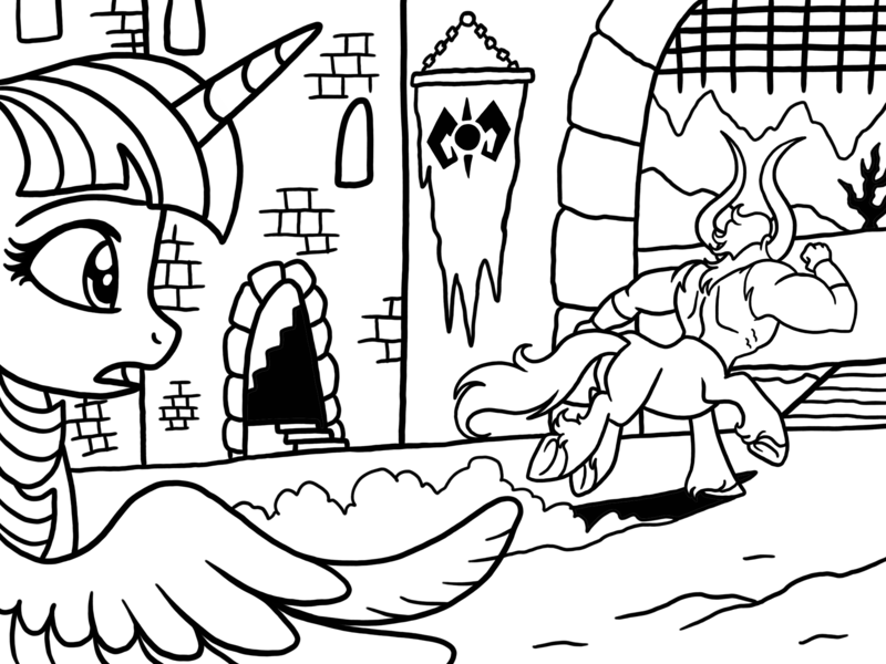 Size: 2048x1536 | Tagged: safe, artist:melspyrose, derpibooru import, lord tirek, twilight sparkle, twilight sparkle (alicorn), alicorn, centaur, taur, fanfic:age of equestria, g4, age of equestria, banner, black and white, castle, description, drawbridge, dust cloud, escaping, fleeing, gate, grayscale, image, implied chrysalis, implied cozy glow, implied dazzlings, implied grogar, implied king sombra, implied scorpan, implied storm king, monochrome, png, reference in the description, running, running away, scurrying, shocked, shocked expression, simple background, sketch, stairs, story included, tambelon, what could have been, what if, white background