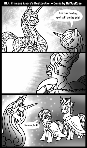 Size: 1535x2603 | Tagged: safe, artist:melspyrose, derpibooru import, idw, king sombra, princess amore, radiant hope, g4, black and white, comic, freeing, glow, grayscale, image, jpeg, lens flare, looking back, monochrome, petrification, restoration, smiling, speech, speech bubble, statue, surprised, talking, wince