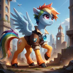 Size: 2048x2048 | Tagged: safe, ai content, derpibooru import, generator:bluefox mix, machine learning generated, prompter:kimberlite, stable diffusion, rainbow dash, pony, city, clothes, cosplay, costume, cutie mark, image, jacket, mountain, overwatch, png, tail, tracer