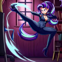 Size: 1024x1024 | Tagged: safe, ai content, derpibooru import, machine learning generated, novelai, prompter:shojin, stable diffusion, starlight glimmer, human, equestria girls, g4, boots, breasts, cleavage, clothes, female, fit, high heel boots, high heels, image, kick, kicking, leather, martial arts, png, shoes, skintight clothes, slender, thin