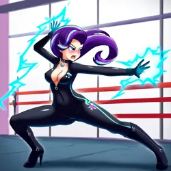 Size: 1024x1024 | Tagged: safe, ai content, derpibooru import, machine learning generated, novelai, prompter:shojin, stable diffusion, starlight glimmer, human, equestria girls, g4, absolute cleavage, boots, breasts, cleavage, clothes, female, fighting stance, fit, high heel boots, high heels, image, leather, martial arts, png, shoes, skintight clothes, slender, thin