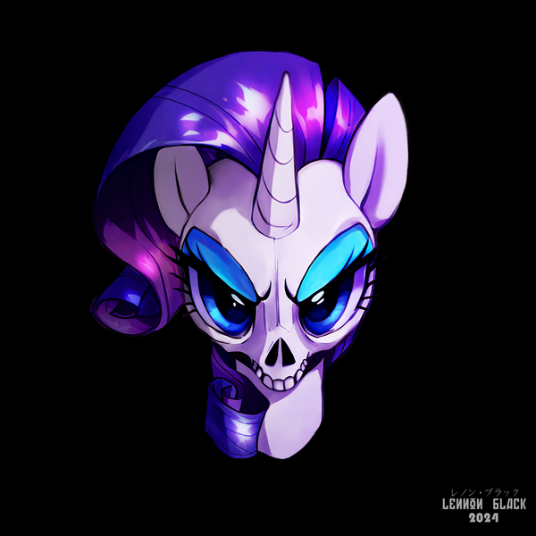 Size: 2048x2048 | Tagged: semi-grimdark, artist:lennonblack, derpibooru import, rarity, pony, unicorn, black background, horn, image, png, simple background, skull, solo