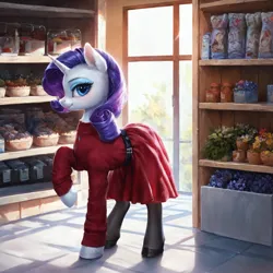 Size: 1280x1280 | Tagged: safe, ai content, derpibooru import, machine learning generated, prompter:ilham470, rarity, pony, unicorn, g4, clothes, female, horn, image, mare, png, raised hoof, solo, store