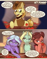 Size: 1600x1982 | Tagged: safe, artist:saturdaymorningproj, derpibooru import, braeburn, dear darling, fond feather, swoon song, earth pony, pegasus, unicorn, g4, apple, bimbettes, comic, dialogue, digital art, food, half-lidded eyes, horn, image, oblivious, our town, png