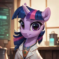 Size: 1024x1024 | Tagged: safe, ai content, derpibooru import, machine learning generated, stable diffusion, twilight sparkle, alicorn, pony, unicorn, generator:pony diffusion v6 xl, horn, image, laboratory, png, prompter:teonanakatle, solo