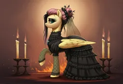 Size: 2104x1440 | Tagged: safe, ai content, derpibooru import, machine learning generated, stable diffusion, fluttershy, pegasus, pony, g4, alternate hairstyle, black dress, candle, clothes, cross, derpibooru exclusive, dress, dyed mane, eyeshadow, female, fluttergoth, folded wings, frown, generator:pony diffusion v6 xl, goth, hair bun, image, jpeg, lidded eyes, makeup, mare, profile, prompter:siber, raised hoof, solo, standing, veil, wings