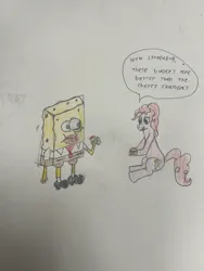 Size: 828x1104 | Tagged: safe, artist:snakebit3443, derpibooru import, pinkie pie, earth pony, pony, g4, crossover, dialogue, duo, eating, female, image, jpeg, krabby patty, male, mare, sponge, spongebob squarepants, spongebob squarepants (character), traditional art