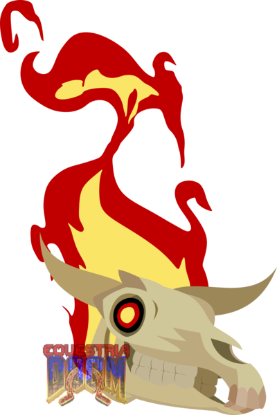 Size: 1722x2580 | Tagged: safe, artist:isaac_pony, derpibooru import, demon, g4, doom, doom equestria, equestria doom, fire, horn, image, logo, looking at you, lost soul, png, show accurate, simple background, skull, solo, soul, transparent background, vector