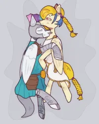 Size: 1500x1874 | Tagged: safe, derpibooru import, golden feather, princess celestia, oc, oc:light knight, pegasus, pony, g4, spoiler:comic, spoiler:comic65, armor, armor skirt, canon x oc, clothes, disguise, dress, duo, fantasy class, female, greece, greek, guard, image, knight, licking, male, military, png, roman, rome, skirt, spartan, straight, toga, tongue out, warrior