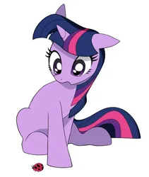 Size: 1600x1900 | Tagged: safe, artist:cheesesauce_45, derpibooru import, twilight sparkle, insect, ladybug, pony, unicorn, female, full body, horn, image, jpeg, looking at something, mare, open mouth, simple background, sitting, solo, white background