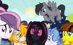 Size: 1280x790 | Tagged: safe, artist:blackcherry, derpibooru import, oc, oc:blackberry, oc:blackcherry, oc:danzei animation jora, oc:nastya bird, oc:sweetieck dreams, oc:tweek, unofficial characters only, bat pony, earth pony, pegasus, pony, unicorn, g4, colored hooves, cute, eyelashes, female, filly, flower, foal, hooves, horn, image, jpeg, mare, needs more jpeg, not sweetie belle, orange eyes, outdoors, screencap background, smiling, tail, two toned mane, two toned tail, unicorn horn