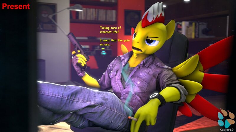 Size: 1200x675 | Tagged: safe, artist:kasjer19, ponerpics import, oc, oc:magnus, anthro, 3d, clothes, dialogue, gun, image, jpeg, open mouth, sitting, weapon