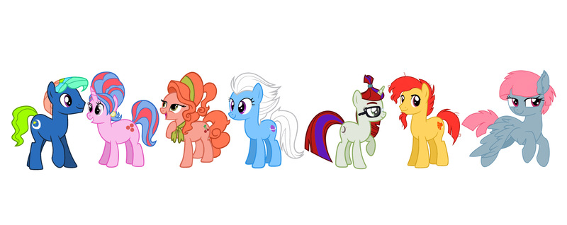 Size: 4096x1627 | Tagged: safe, artist:meghan12345, derpibooru import, buttons (g1), cherries jubilee, moondancer (g1), night glider (g1), sunburst (g1), wind whistler, earth pony, pegasus, pony, unicorn, g1, g4, accessory, bow, bowtie, ear piercing, earring, female, flying, g1 to g4, generation leap, glasses, horn, image, jewelry, jpeg, looking up, male, movie accurate, nachtlicht, open mouth, open smile, piercing, raised hoof, raised leg, recolor, rubber band, simple background, smiling, standing, walking, white background, wings, wings down