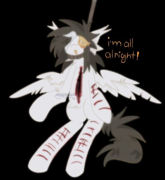 Size: 1174x1280 | Tagged: semi-grimdark, artist:vtxxdd, derpibooru import, oc, oc:frenzy warning, oc:vessel, unofficial characters only, pegasus, pony, bandage, bandaged eye, black background, blood, hanging, hanging (by neck), image, jpeg, rope, scar, simple background, smiling, solo, spread wings, suicide attempt, wings