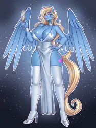 Size: 3000x4000 | Tagged: suggestive, artist:nauth, derpibooru import, oc, oc:lusty symphony, unofficial characters only, anthro, pegasus, plantigrade anthro, alcohol, big breasts, breasts, champagne, champagne glass, cleavage, clothes, commission, dress, high heels, image, jpeg, leggings, looking at you, partially open wings, shoes, solo, wine, wings